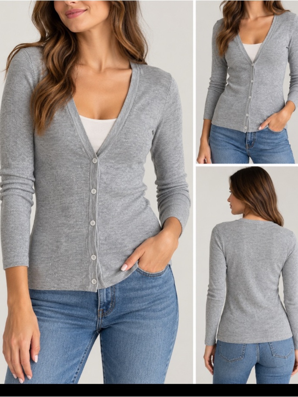 Theory 100%Merino wool light grey V-Neck Button Front Sweater